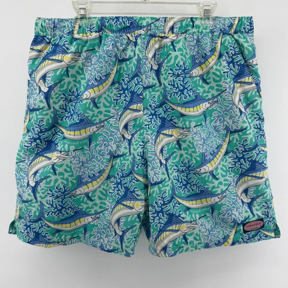 Vineyard Vines Mens XL Blue‎ Marlin Coral Print Swim Trunks Mesh Lined Shorts